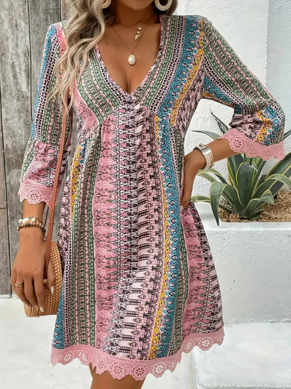 Fashorio Blush Pink / S Lace Trim Printed V-Neck 3/4 Sleeve Dress