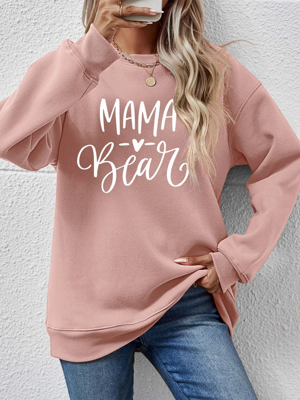Fashorio Blush Pink / S Letter Graphic Round Neck Long Sleeve Sweatshirt
