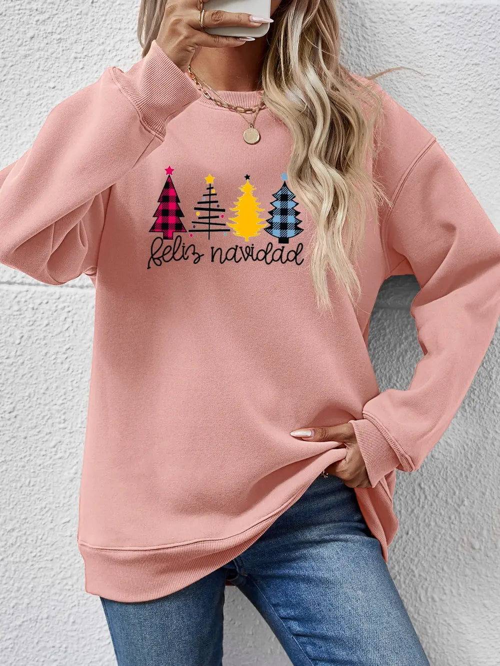 Fashorio Blush Pink / S Round Neck Graphic Long Sleeve Sweatshirt