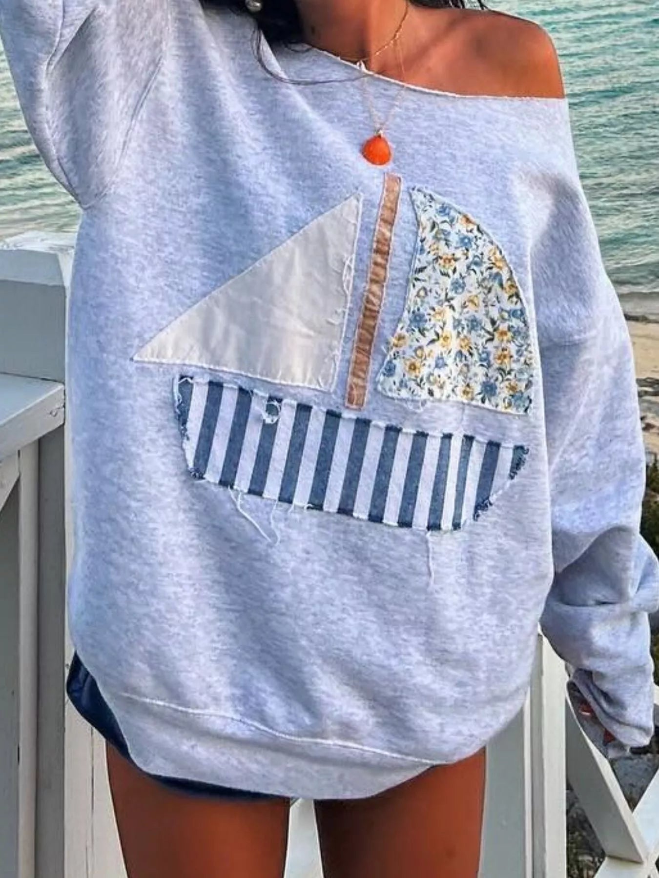 Fashorio Boat Neck Long Sleeve Patchwork Sweatshirt