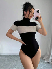 Fashorio Bodysuits Black / XS Color Block Turtleneck Ribbed Bodysuit