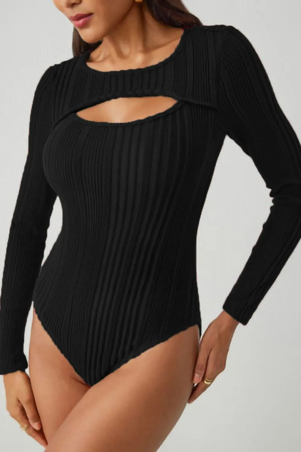 Fashorio Bodysuits Ribbed Cutout Round Neck Bodysuit