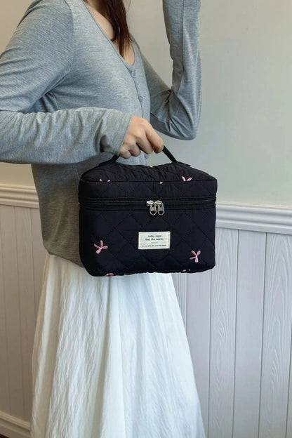 Bow Embroidered Quilted Storage Bag with Zip - Fashorio