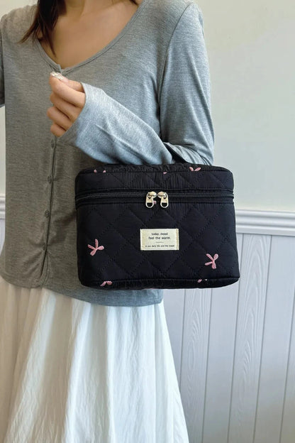 Bow Embroidered Quilted Storage Bag with Zip - Fashorio