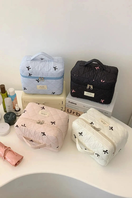 Bow Embroidered Quilted Storage Bag with Zip - Fashorio