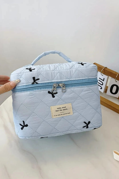 Bow Embroidered Quilted Storage Bag with Zip - Fashorio