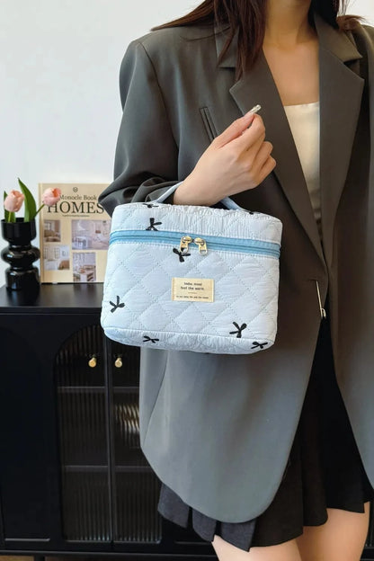Bow Embroidered Quilted Storage Bag with Zip - Fashorio