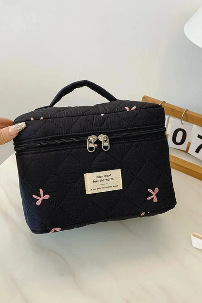 Bow Embroidered Quilted Storage Bag with Zip - Fashorio
