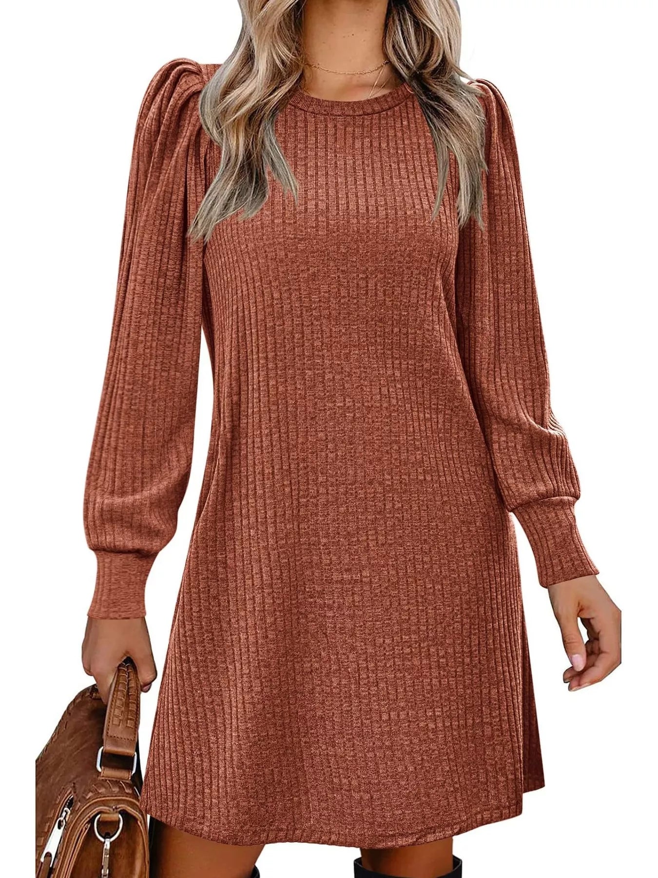 Fashorio Brick Red / S Ribbed Knit Puff Sleeve Casual Mini Dress