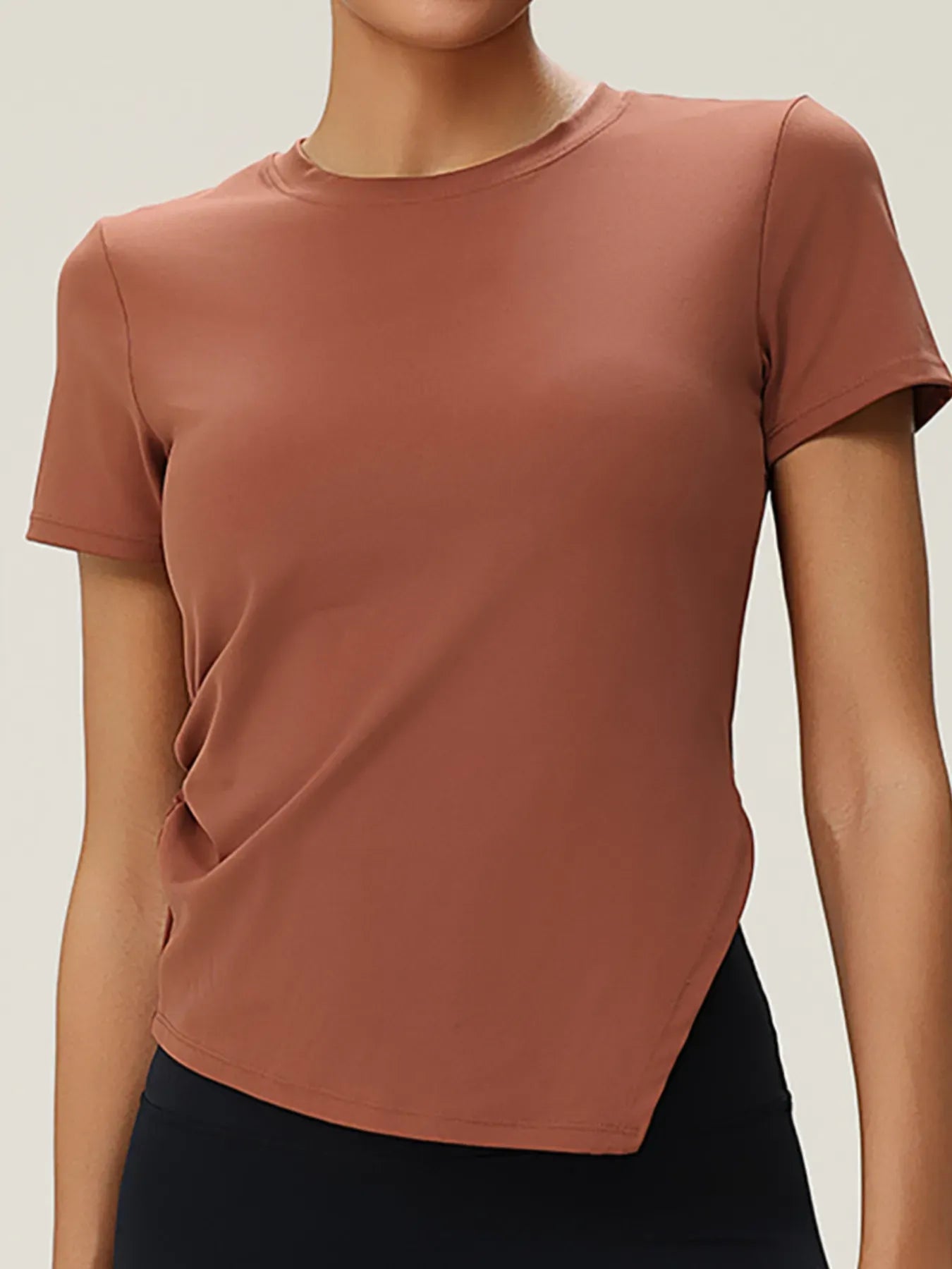 Fashorio Bronze / S Full Size Slit Round Neck Short Sleeve Active T-Shirt Plus Size