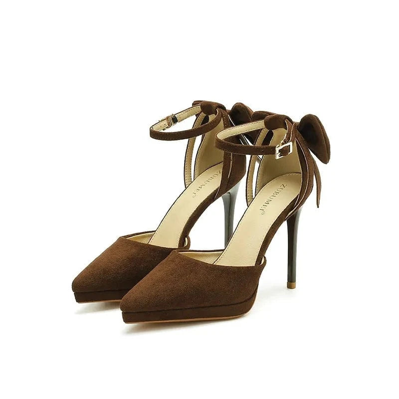 Platform Pointed Toe Ankle Strap Stiletto Pumps Brown - Fashorio