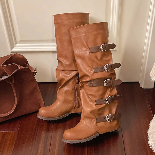 Multi-Buckle Knee-High Boots Brown - Fashorio