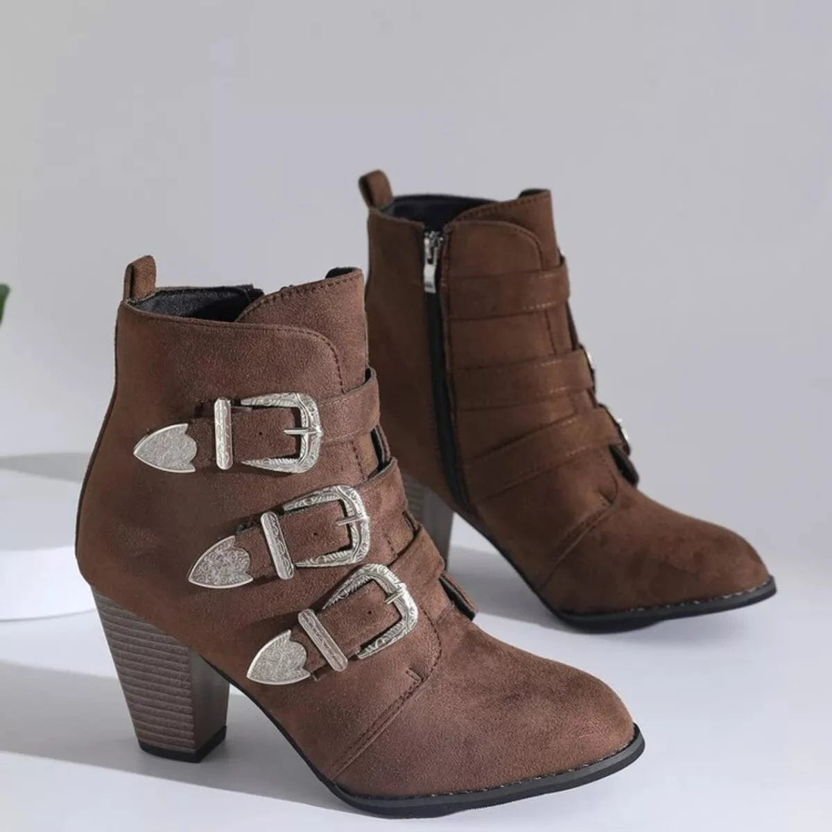 Point Toe Block Heels Boots Brown - Fashorio