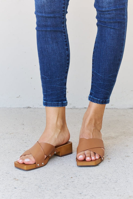 Weeboo Step Into Summer Criss Cross Wooden Clog Mule in Brown Brown - Fashorio