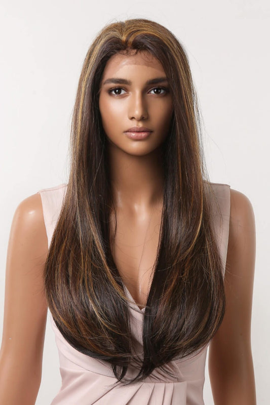 13*2" Lace Front Wigs Synthetic Long Straight 26" 150% Density Brown Caramel Highlights One Size - Fashorio