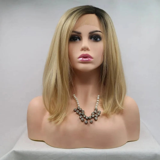 13*3" Lace Front Wigs Synthetic Mid-length Straight 12" 130% Density Brown Khaki One Size - Fashorio