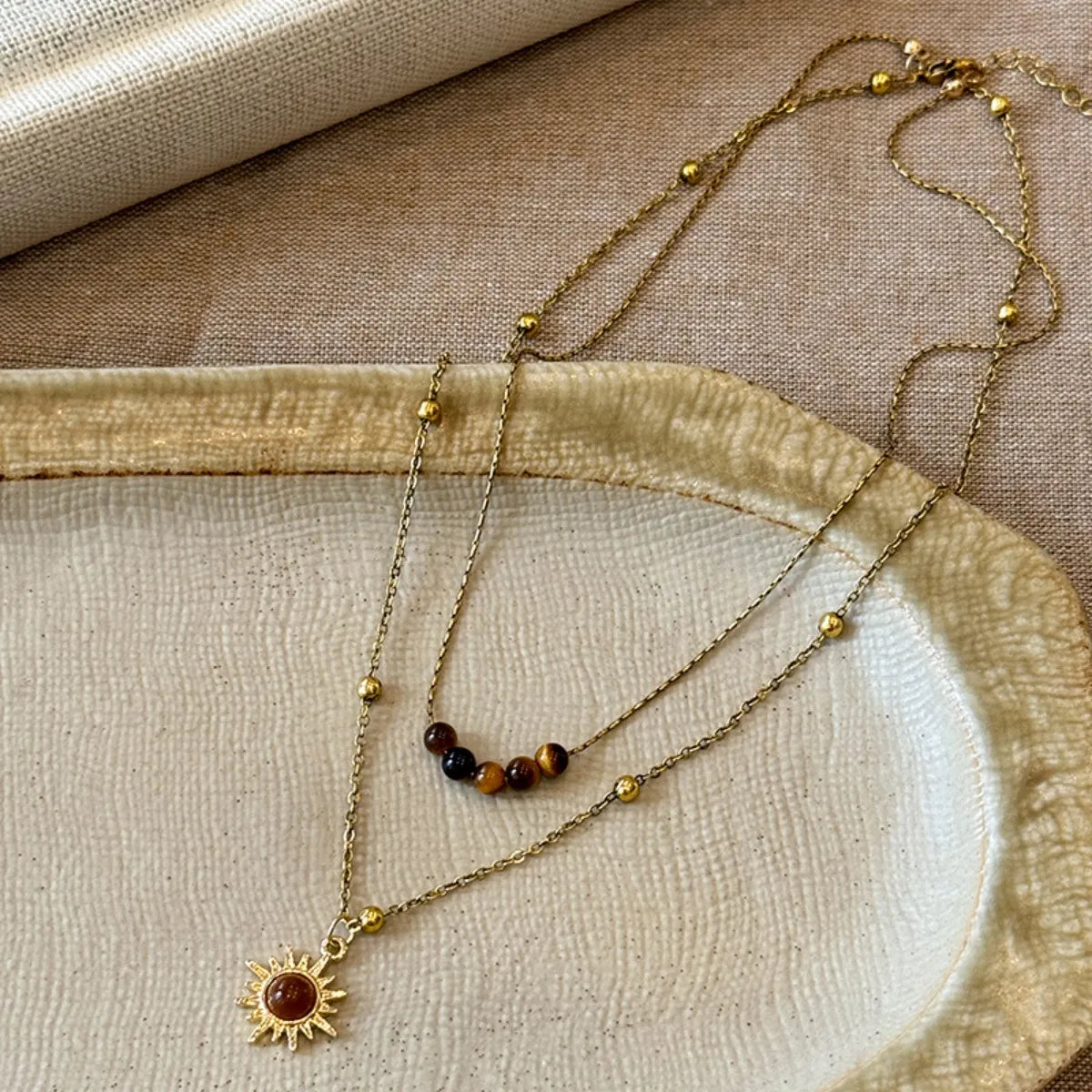 Fashorio Brown / One Size Tiger's Eye Copper Double Layered Necklace