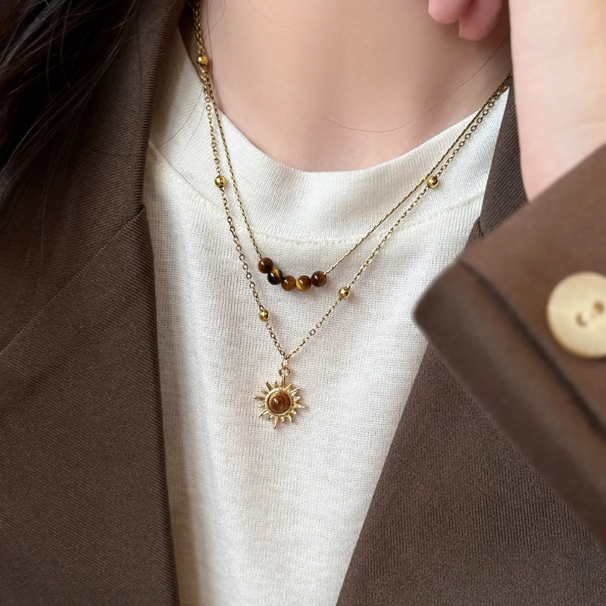 Fashorio Brown / One Size Tiger's Eye Copper Double Layered Necklace