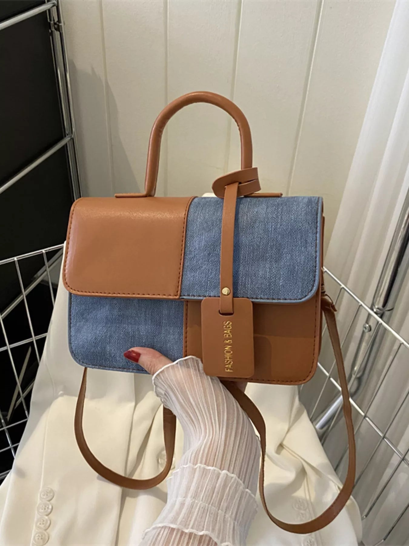 Fashorio Brown / onesize Two-Tone PU Leather Crossbody Bag