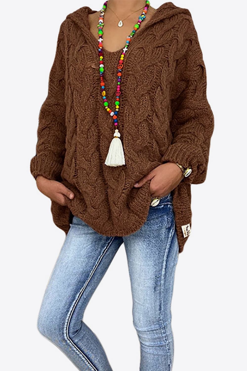 Fashorio Brown / S Cable-Knit Hooded Sweater
