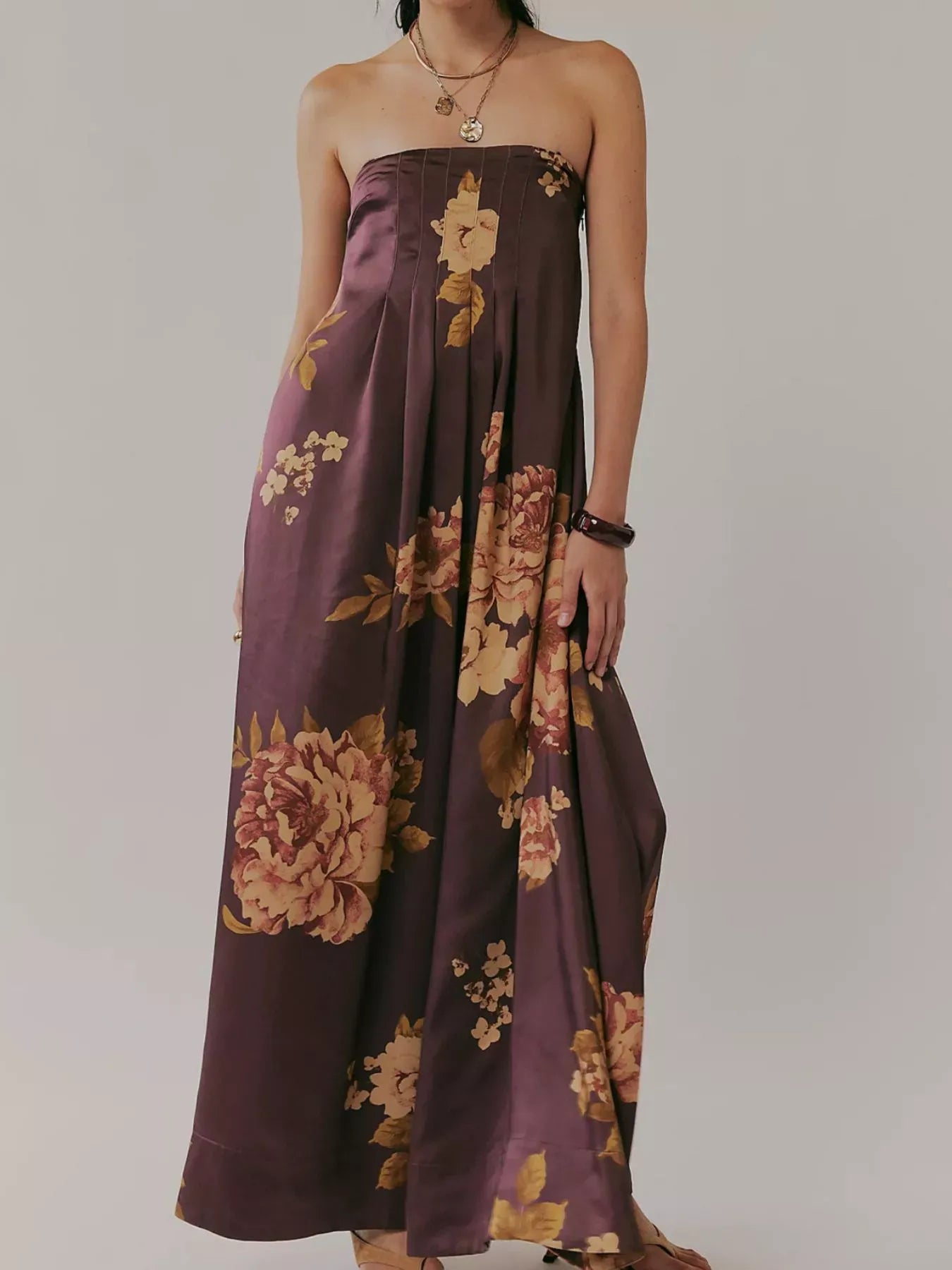 Fashorio Brown / S Floral Print Sleeveless Maxi Dress