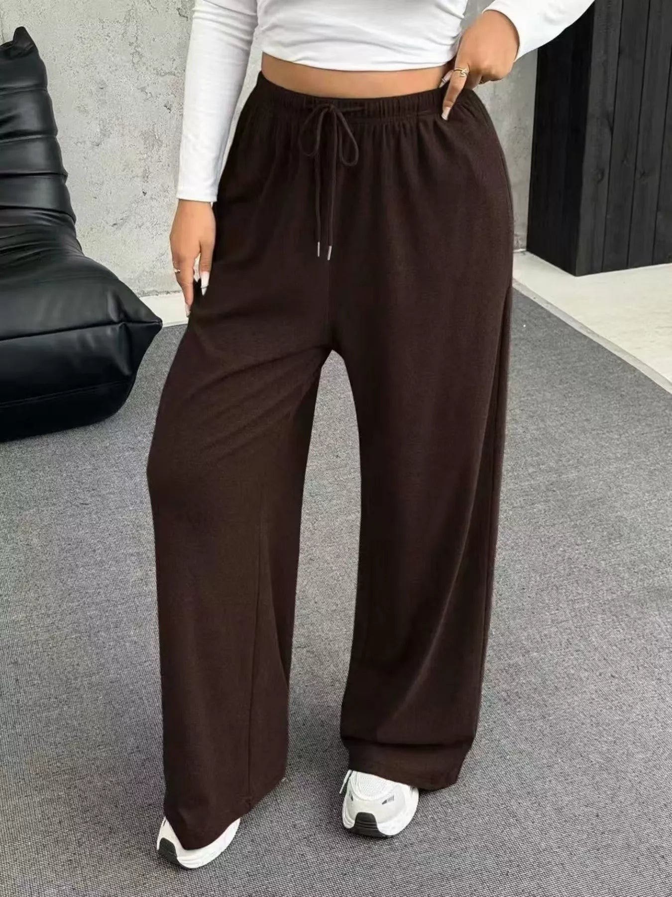 Fashorio Brown / S Full Size Drawstring Wide Leg Pants Plus Size