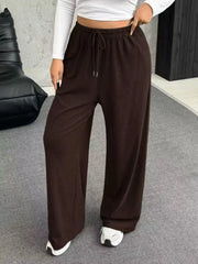 Fashorio Brown / S Full Size Drawstring Wide Leg Pants Plus Size