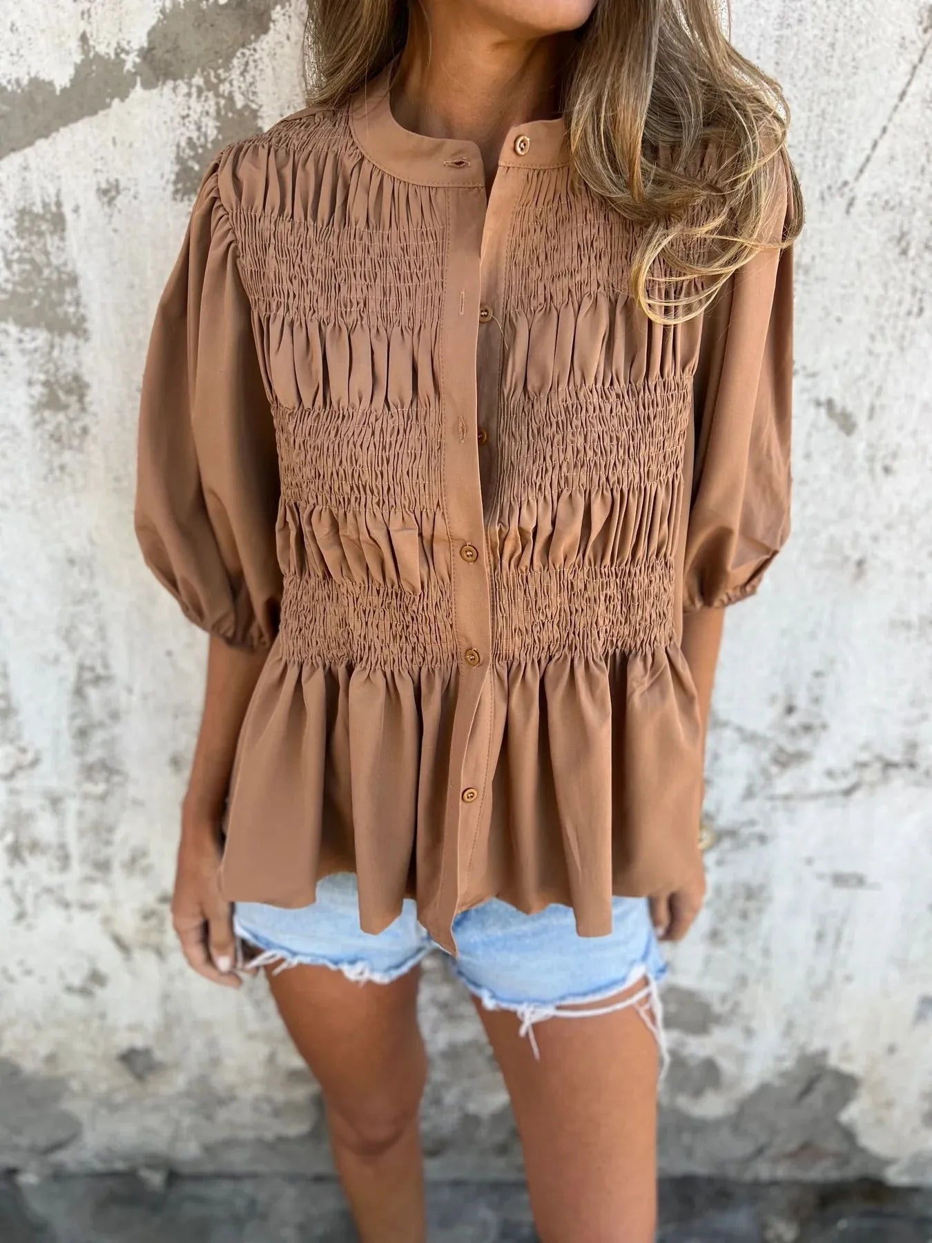 Fashorio Brown / S Full Size Smocked Puff Sleeve Blouse Plus Size