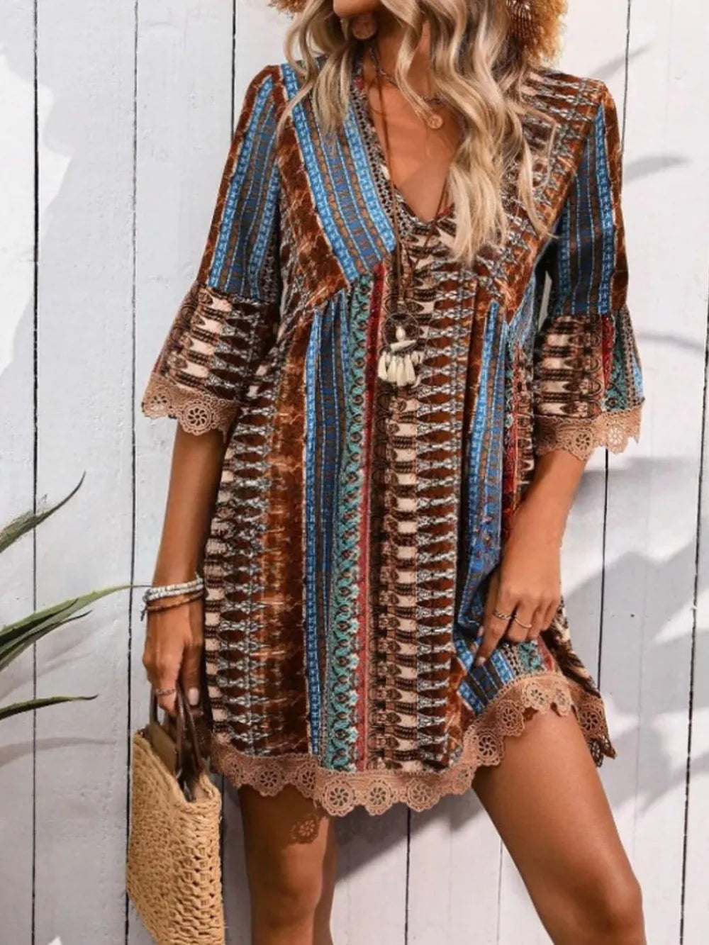 Fashorio Brown / S Lace Trim Printed V-Neck 3/4 Sleeve Dress