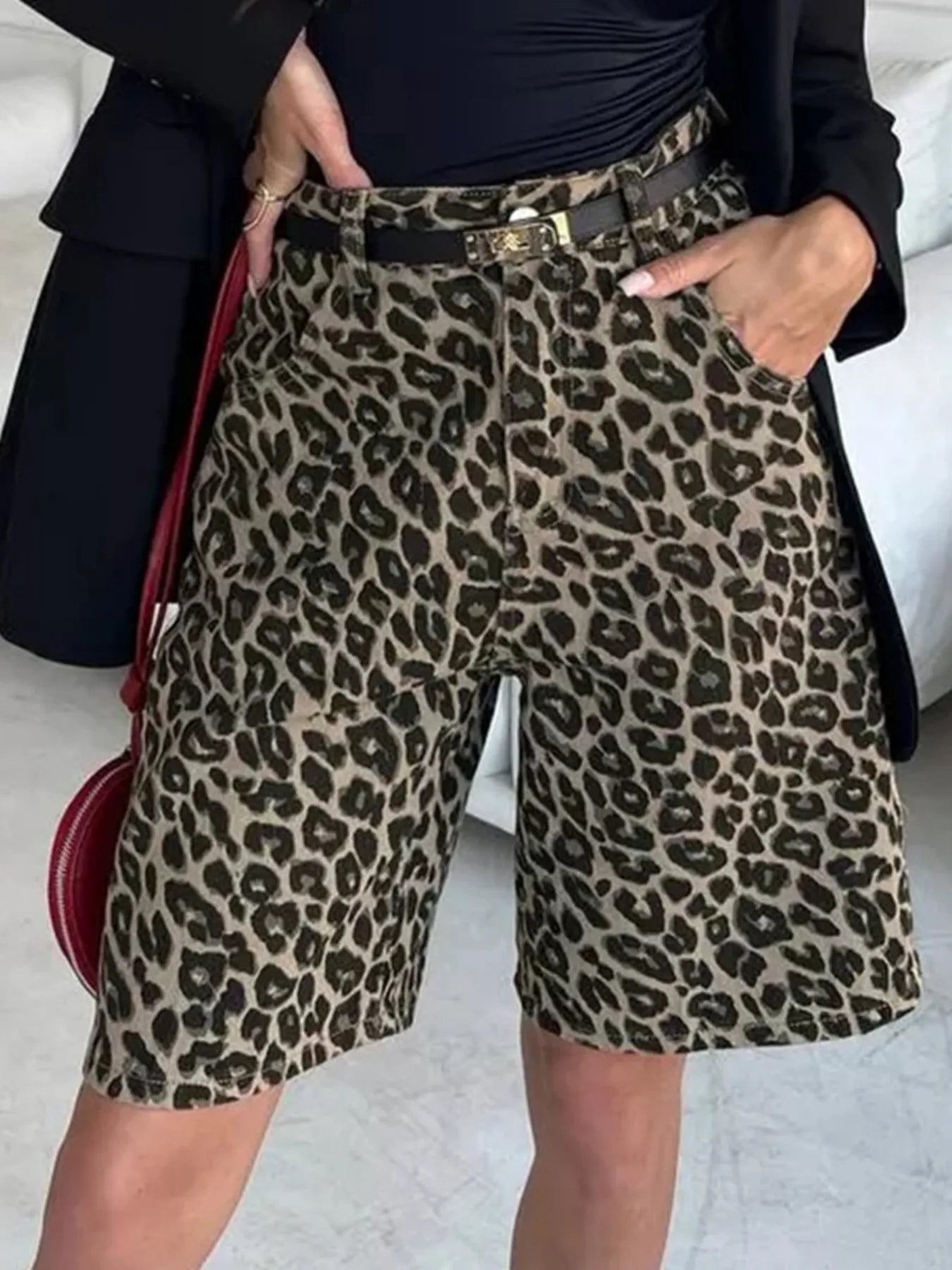 Fashorio Brown / S Leopard Print High-Waisted Casual Shorts