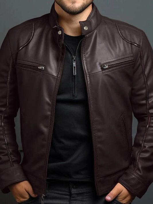 Men's Full Size Leather Motorcycle Jacket with Zipper Front Plus Size Brown - Fashorio