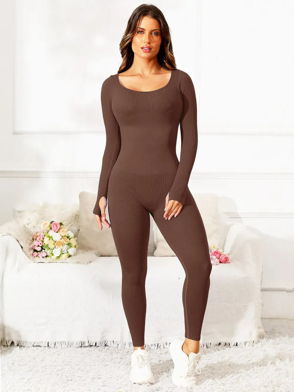 Fashorio Brown / S Scoop Neck Long Sleeve Active Jumpsuit