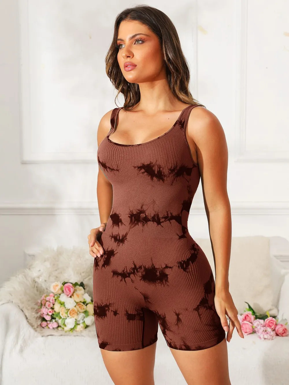 Fashorio Brown / S Tie-Dye Wide Strap Active Romper