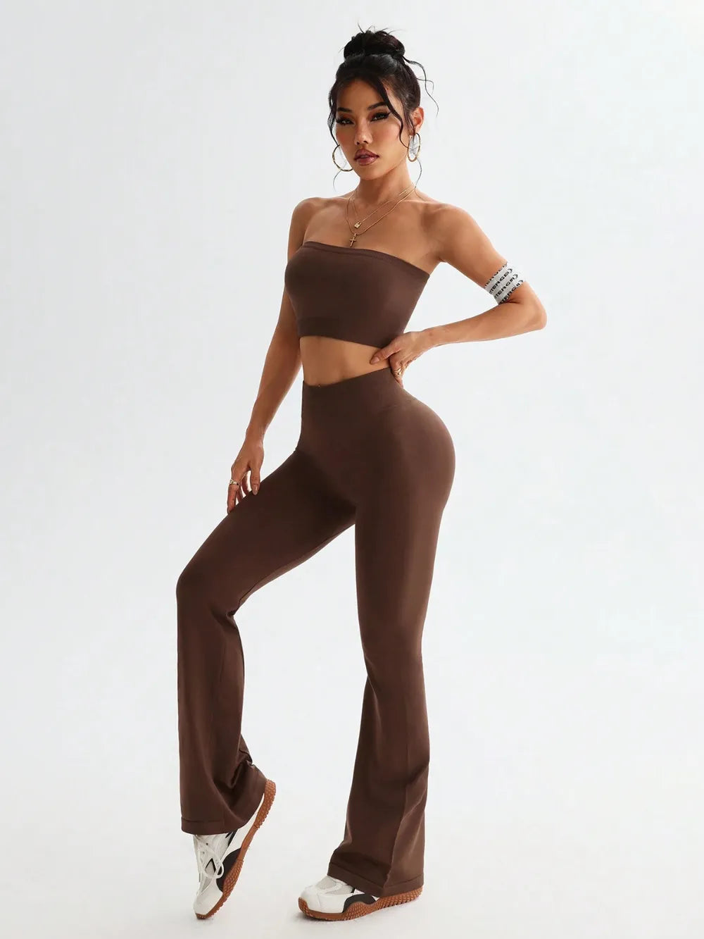 Fashorio Brown / S Tube Top and High Waist Flare Pants Active Set