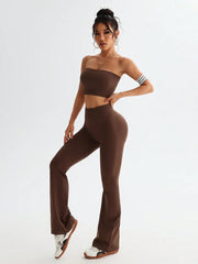 Fashorio Brown / S Tube Top and High Waist Flare Pants Active Set