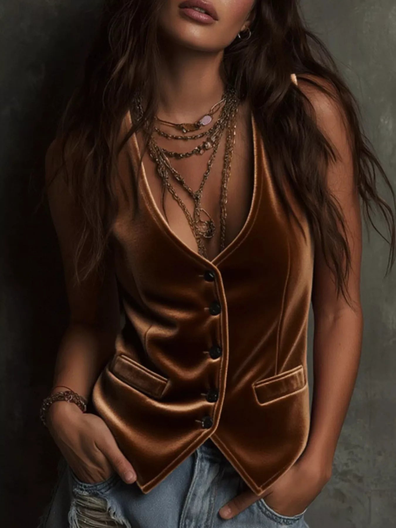 Fashorio Brown / S Velvet Button-Down Vest Coat