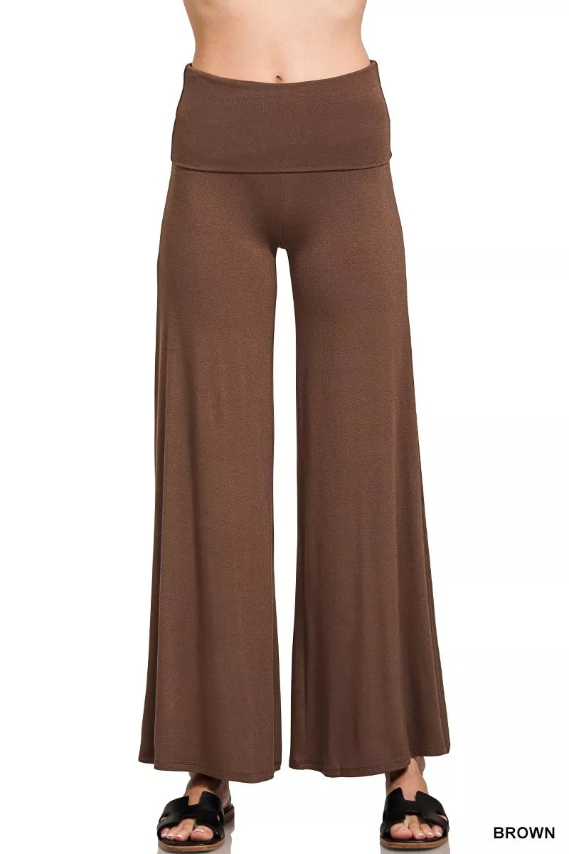 Fashorio BROWN / S Zenana Fold Over Waist Comfy Wide Leg Pants