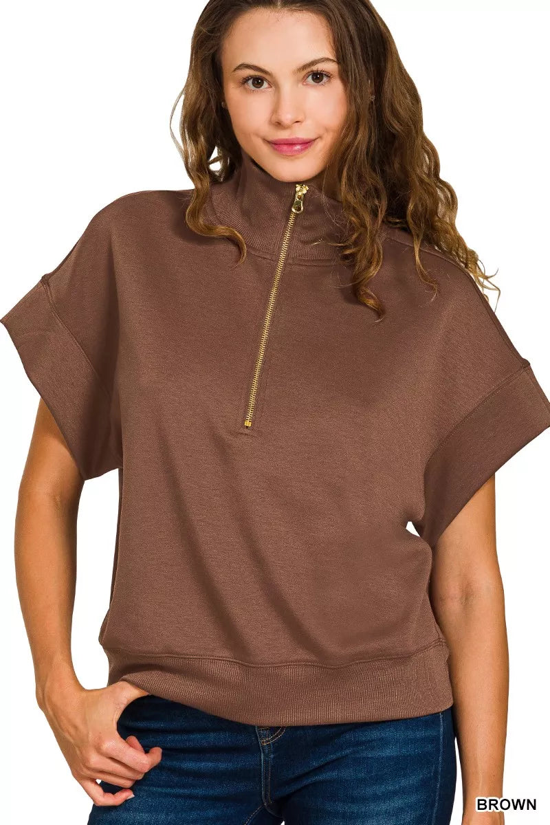 Fashorio BROWN / S Zenana Full Size Scuba High Neck Half Zip Short Sleeve Top Plus Size