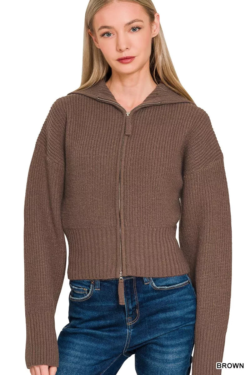 Fashorio BROWN / S Zenana Ribbed Collared Zip Up Sweater Cardigan
