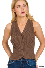 Fashorio BROWN / S Zenana Ribbed Knit Button-Down Sweater Vest