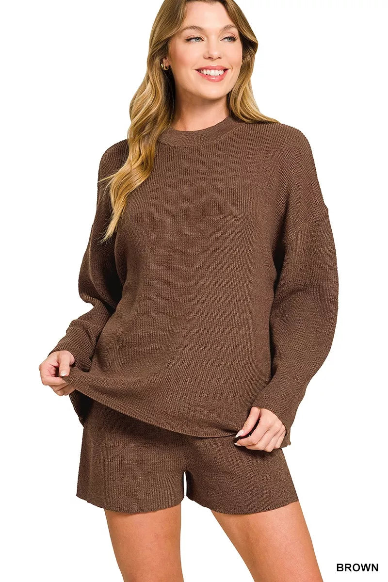 Fashorio BROWN / S Zenana Round Neck Knit Top and Shorts Sweater Set