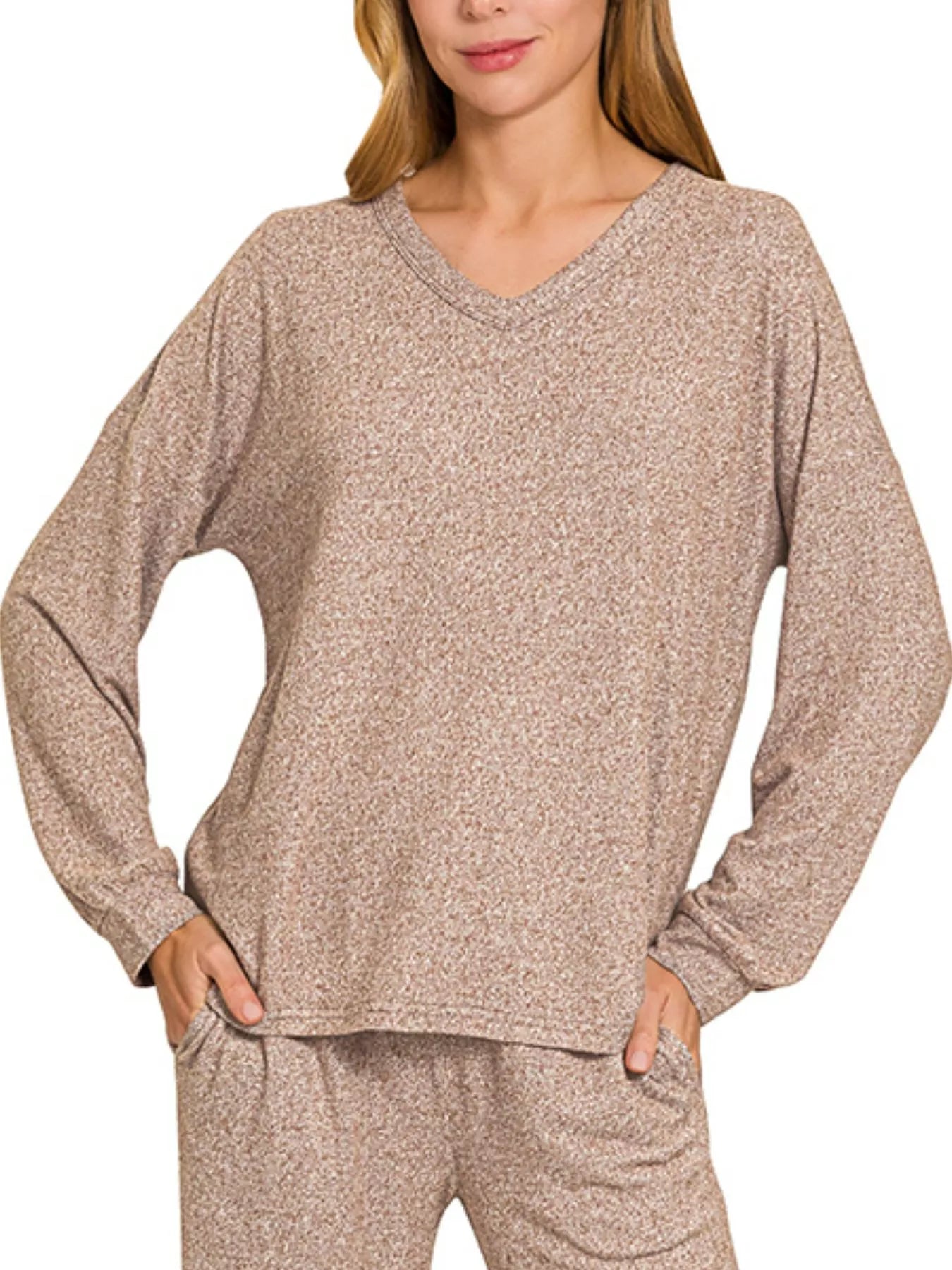 Fashorio BROWN / S Zenana Soft Melange Long Sleeve Tee & Pants Set