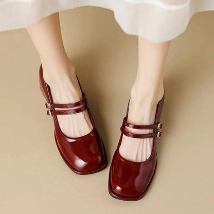 Double Buckle Strap Square Toe Mary Jane Heels Burgundy - Fashorio