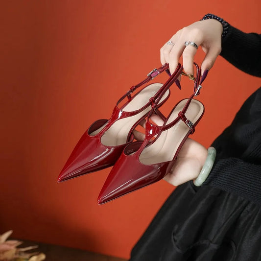 Point Toe Flare Heel Slingback Pumps Burgundy - Fashorio