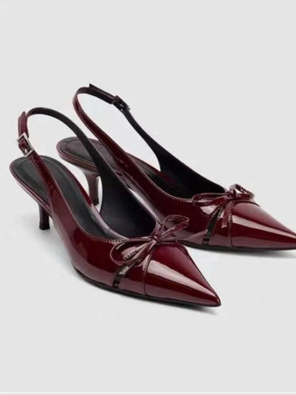 Bow Point Toe Slingback Pumps Burgundy - Fashorio