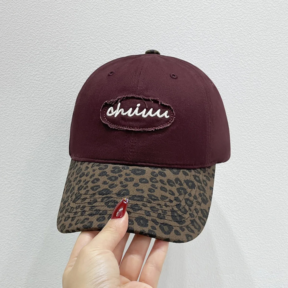 Fashorio Burgundy / One Size Leopard Print Baseball Cap with Embroidered Letter