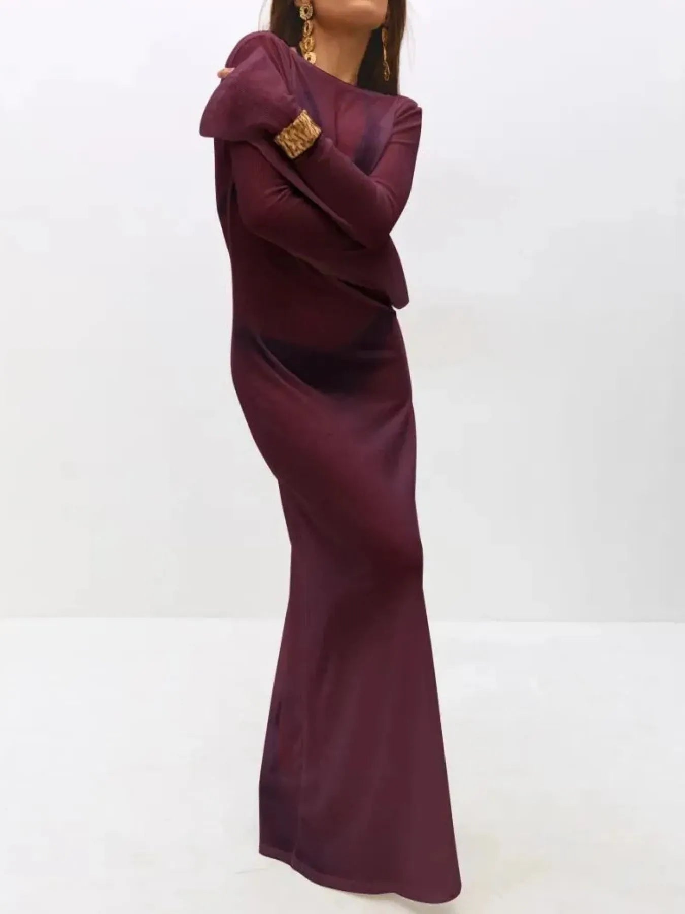 Fashorio Burgundy / S Backless Long Sleeve Maxi Cover-Up