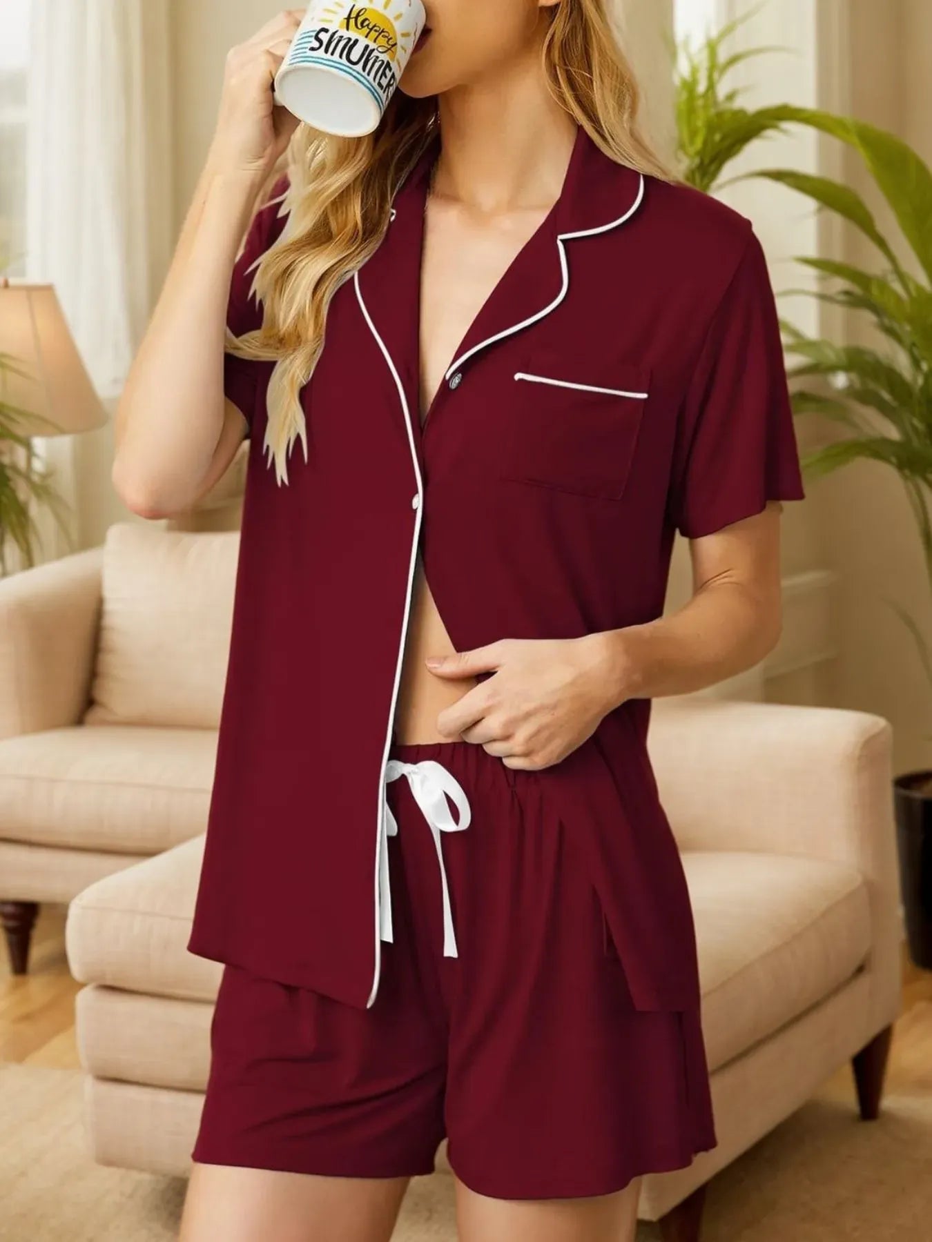 Fashorio Burgundy / S Button Up Short Sleeve Top and Shorts Lounge Set
