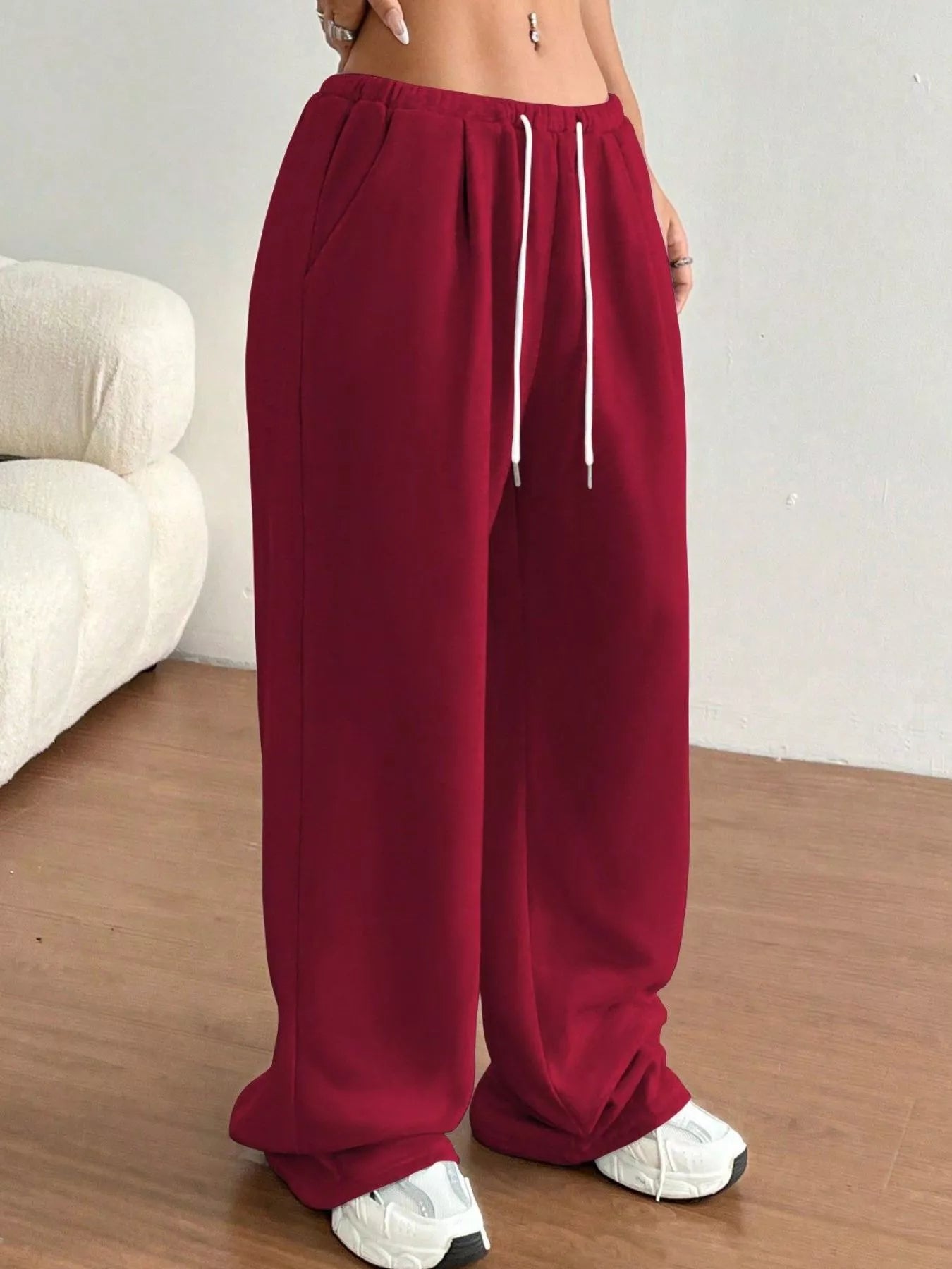 Fashorio Burgundy / S Casual Drawstring High Waist Wide Leg Sweatpants