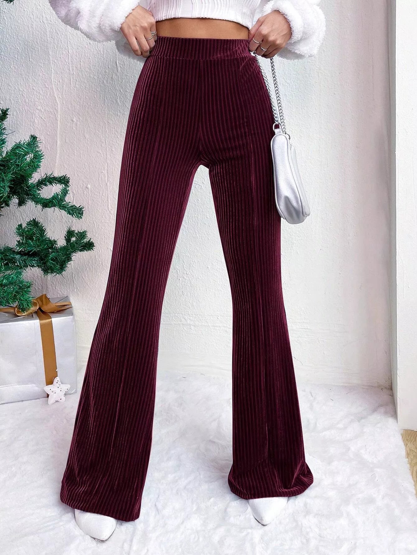 Fashorio Burgundy / S Corduroy High Waist Flare Pants